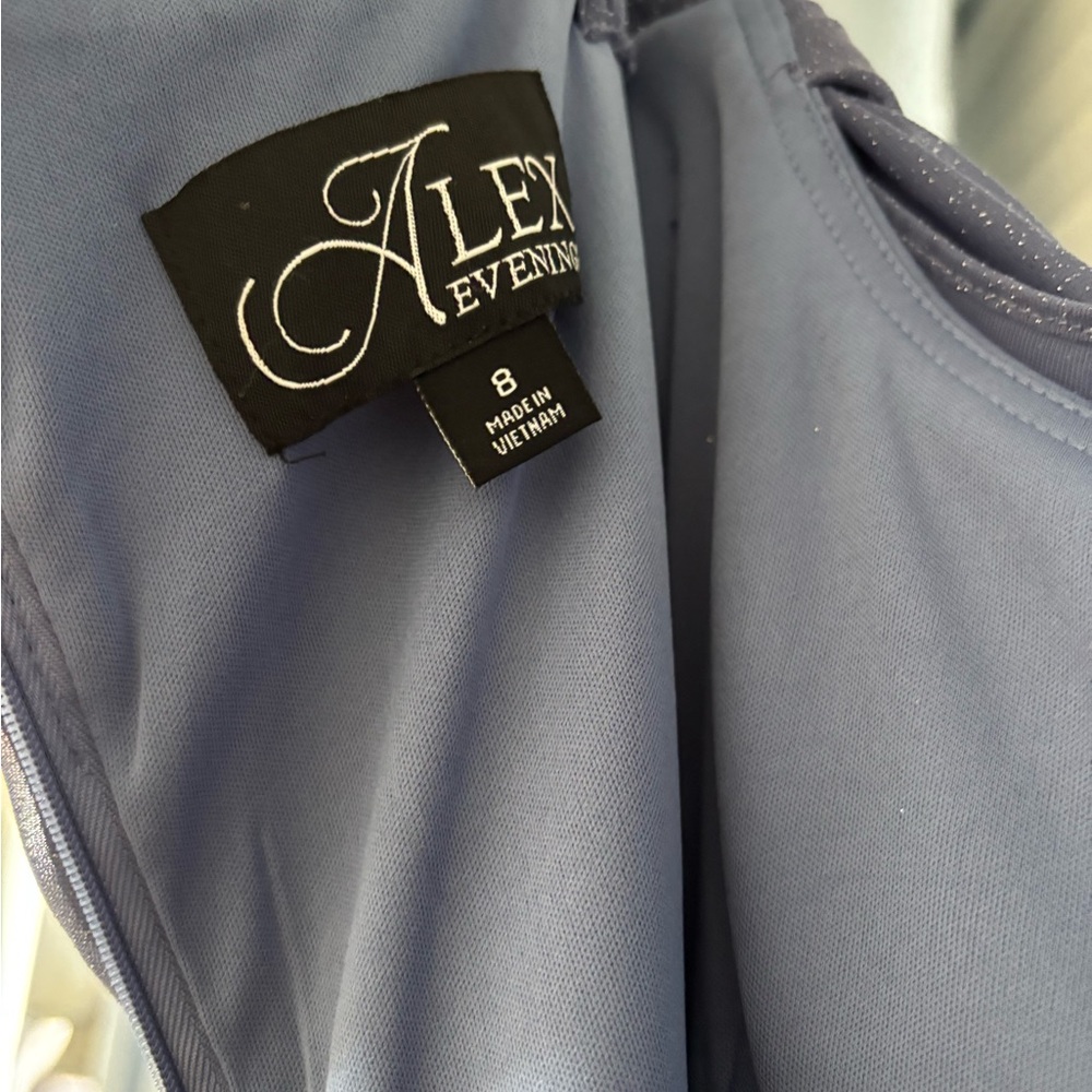 Alex Evenings Blue Ruched Maxi Gown Cold Shoulder - Picture 4 of 9